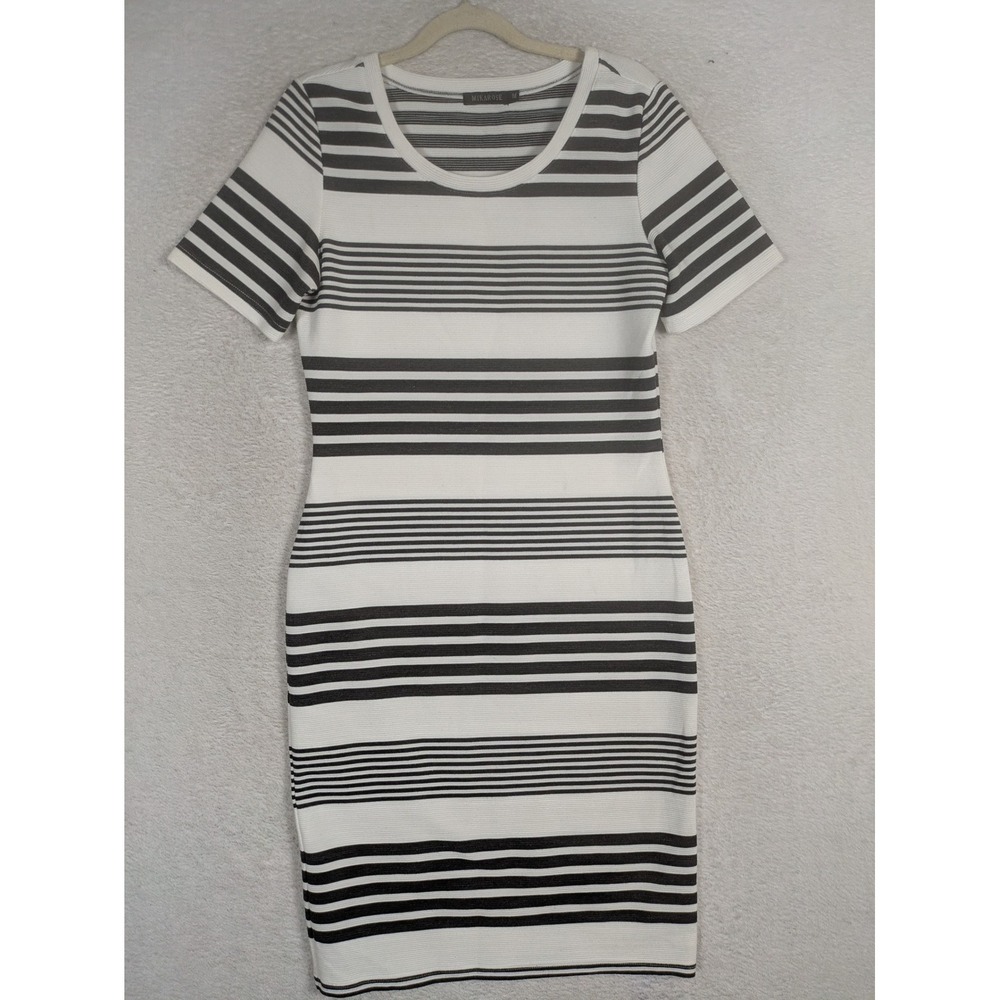 Mikarose Sheath Dress Women's Medium Black White Striped Short Sleeve Textured